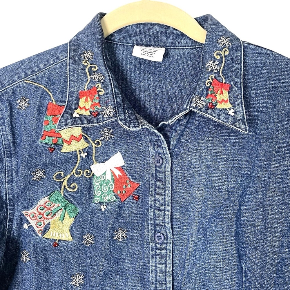 VTG 90s Embroidered Denim Shirt Christmas Bells Medium Teacher Music Chorus